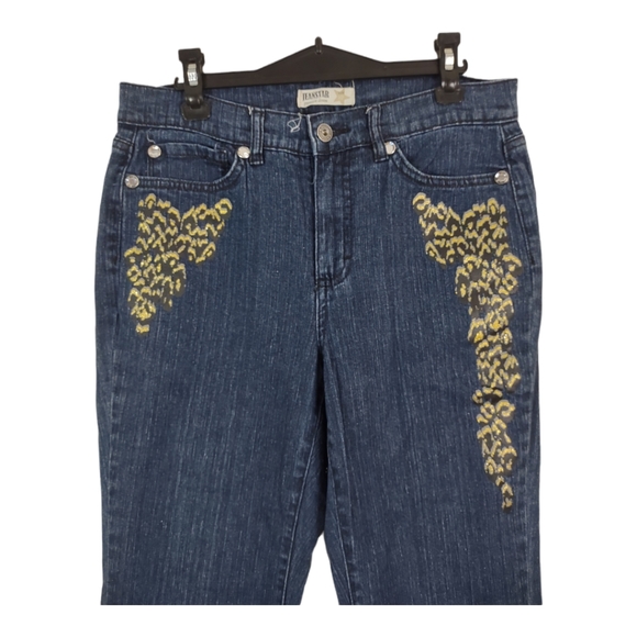 Jeanstar womens Dark Blue Denim Jeans Size 8P Embellished Painted Leopard - Picture 9 of 11